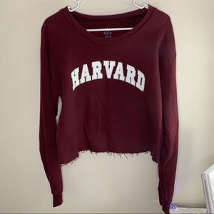 Harvard Logo Burgundy Crop Top Distressed Sweater